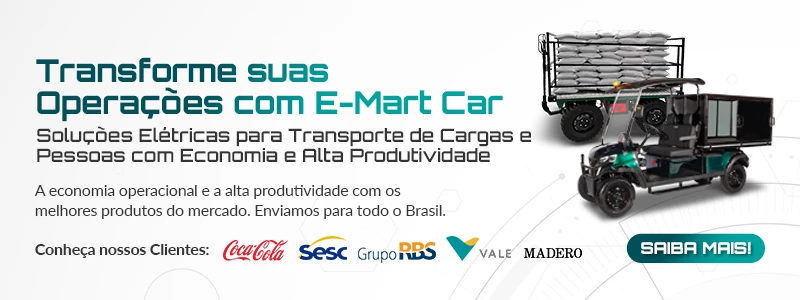 Imagem do E-Mart Car, uma solução elétrica para transporte de cargas e pessoas, destacando sua capacidade de aumentar a produtividade. Ideal para empresas que buscam eficiência e economia.