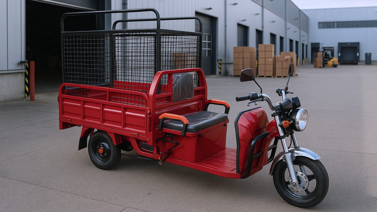 Carrinho de carga vermelho motorizado em interior de indústria.