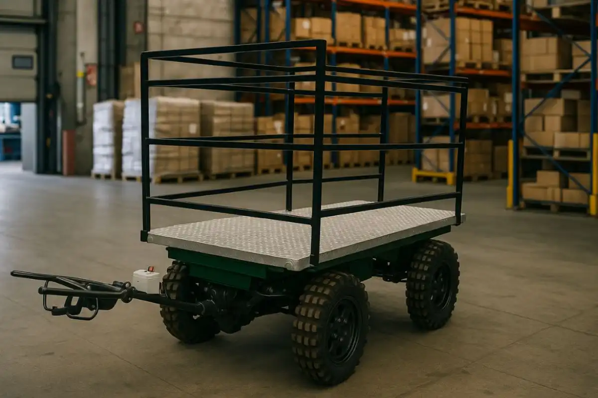 Carro de carga com estrutura metálica ideal para transporte em armazém.