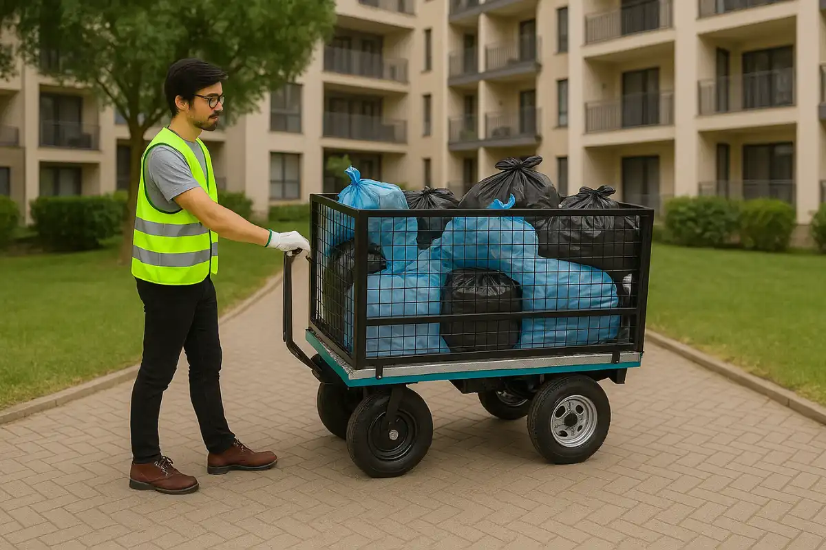 Homem-carregando-uma-caixa-de-lixo-com-sacos-de-lixo-preto-e-azul-em-um-carrinho-de-transporte-ao-ar-livre-em-uma-area-de-lazer-com-apartamentos-ao-fundo