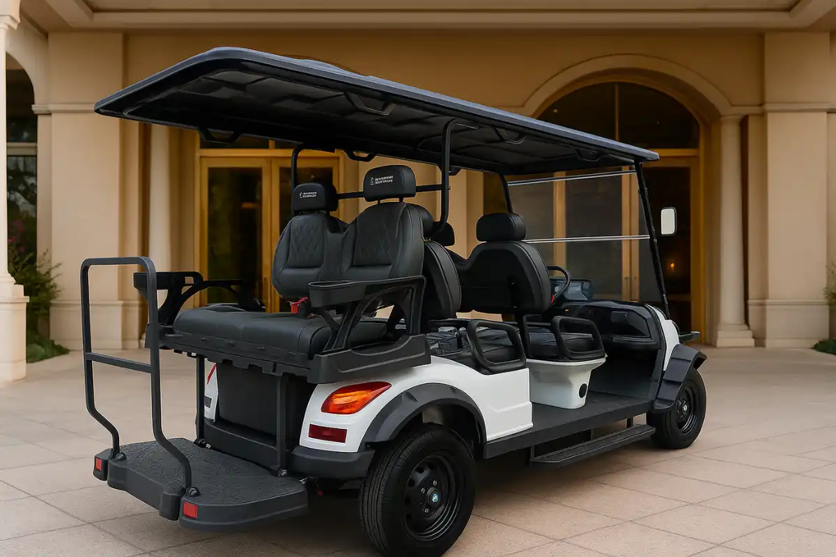 Carrinho de tansporte elétrico de quatro lugares estacionado na entrada de uma casa elegante ao pôr do sol, com teto solar e espaço para transporte confortável