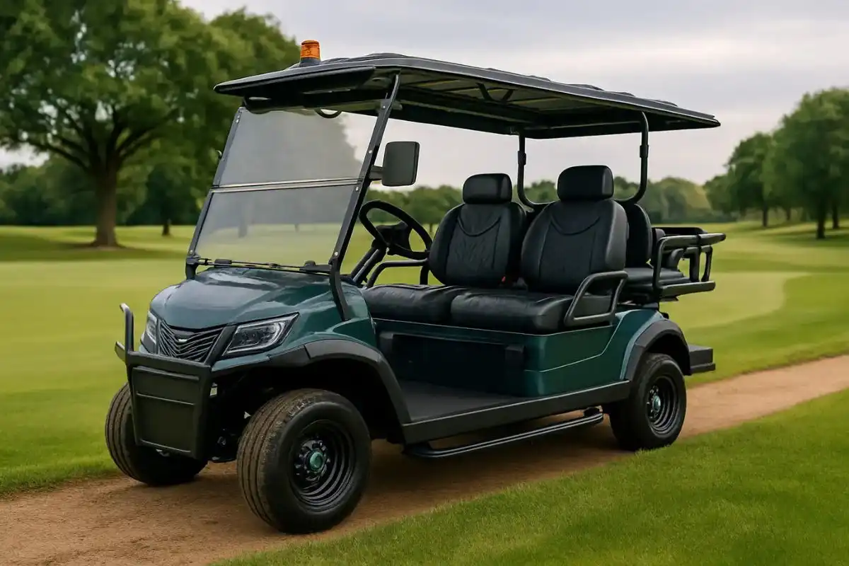 Carrinho de golfe em um campo de golfe bem cuidado, ideal para mobilidade sustentável de pessoas e bagagens
